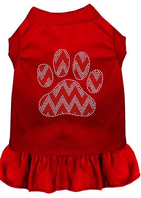 Candy Cane Chevron Paw Rhinestone Dog Dress Red Lg